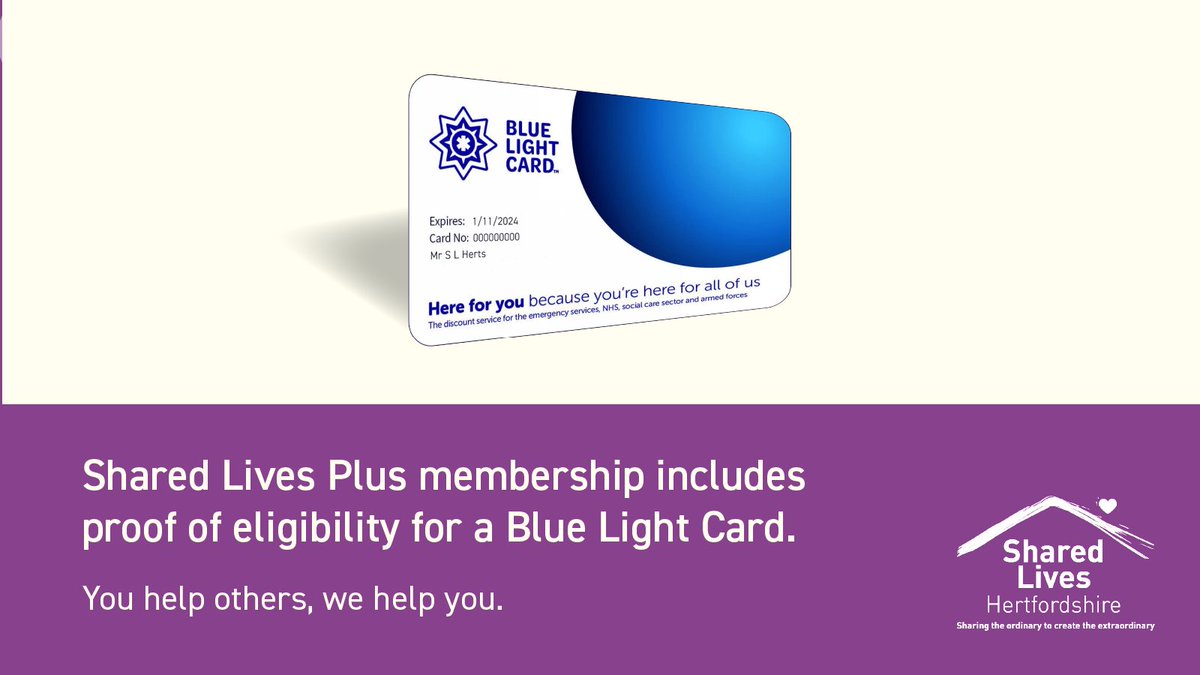 Did you know that a Shared Lives membership provides eligibility for a Blue Light Card? 😲

This can give you discounts on your shopping, days out, holidays and more. 🛍✈

Why not consider becoming a Shared Lives Carer today? 💜

hertfordshire.gov.uk/sharedlives

#bettershared