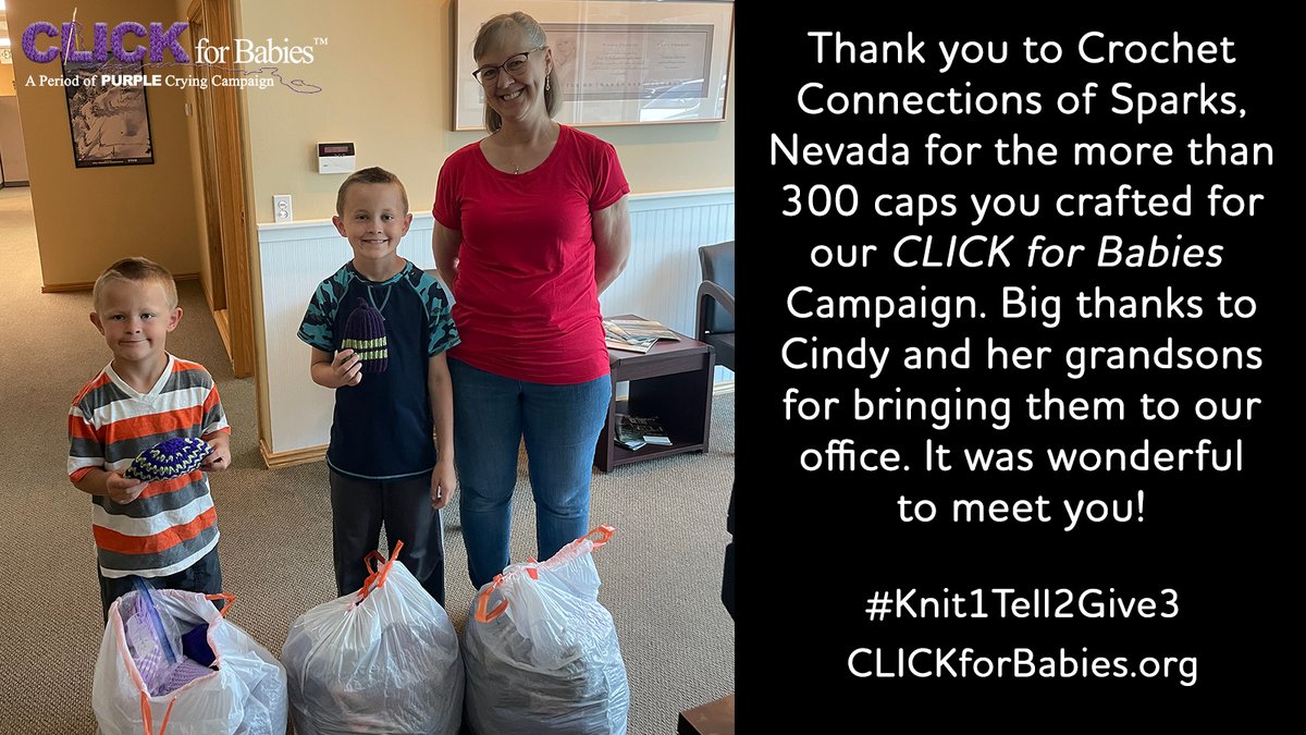 PURPLEcrying's tweet photo. Thank you to Cindy &amp; her grandsons for dropping off over 300 caps for our #CLICKforBabies campaign on behalf of Crochet Connections, a #crochet group in Sparks, NV. They'll be delivered to newborn families along with the Period of #PURPLECrying in Nov. https://t.co/PM6Lf2FefF https://t.co/zMx2kfPTa7