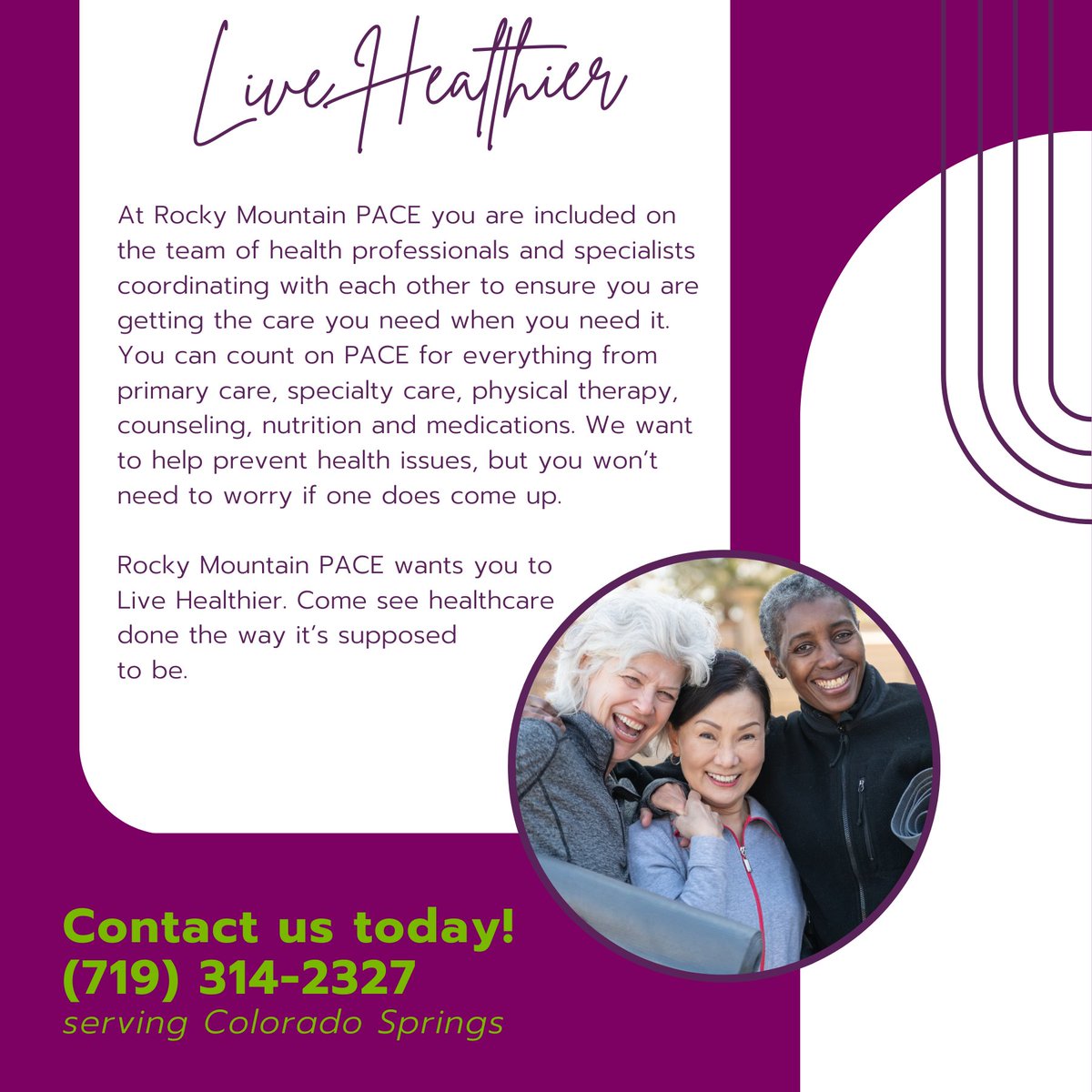 We are Rocky Mountain PACE, and we do healthcare differently. We want to help you live a better, healthier life. More info through Link in Bio.
#seniorcare #retirement #athomecare #elderlyliving #caregiving #caregivers #careforparents #aging #homecareservices #coloradosprings