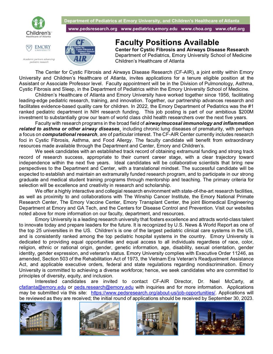 GeiselBiofilm's tweet image. Faculty position: Center for CF and Airways Disease at Emory University and Children’s Healthcare of Atlanta - a broad search for mucosal immunology and inflammation in the respiratory tract.  Pls share.