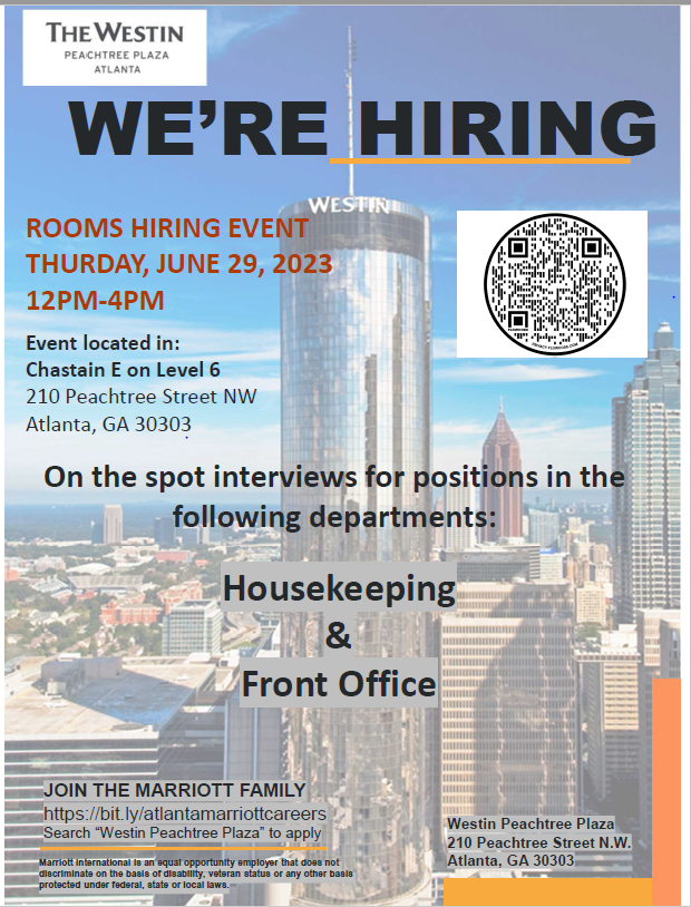The Westin Peachtree Plaza is hosting a hiring event TODAY from 12-4pm with on the spot interviews. Please share with anyone that may be interested.  Good luck!
#hiring #marriottcareers #atlanta