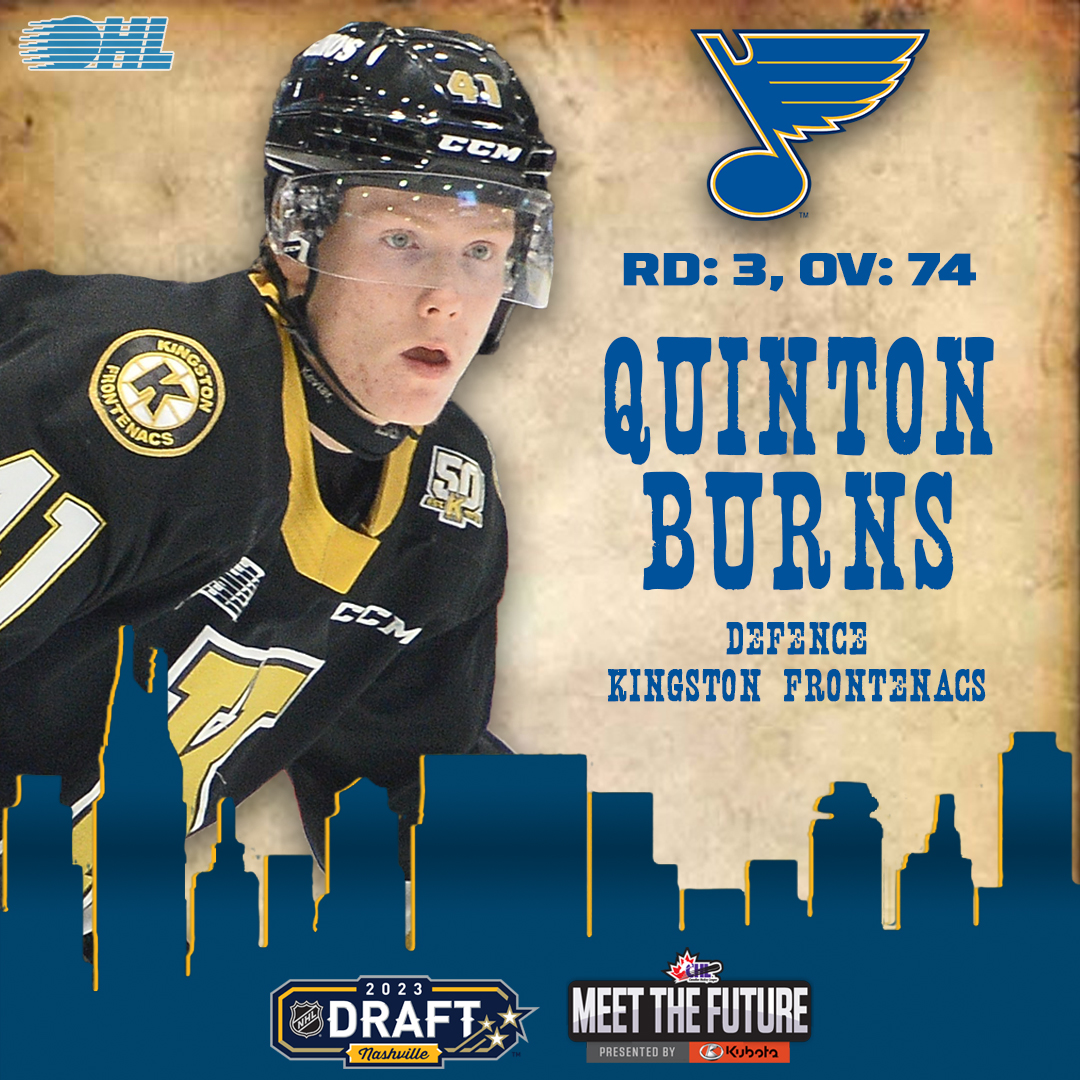 The <a href="/StLouisBlues/">St. Louis Blues</a> like what they see in Quinton Burns!

The <a href="/KingstonFronts/">Kingston Frontenacs</a> blueliner plays with a mean streak, and goes 74th overall in the 2023 #NHLDraft.