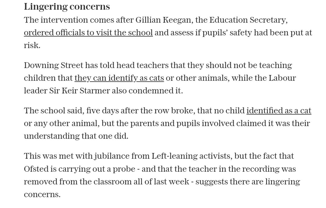 Ofsted inspected the catgender school today. Terrible decision. Whatever they report, the mere fact that they jumped to the demands of a bad faith moral panic is being taken as vindication by the right-wing press. And it sets a vile precedent. Just look at the Telegraph's take: