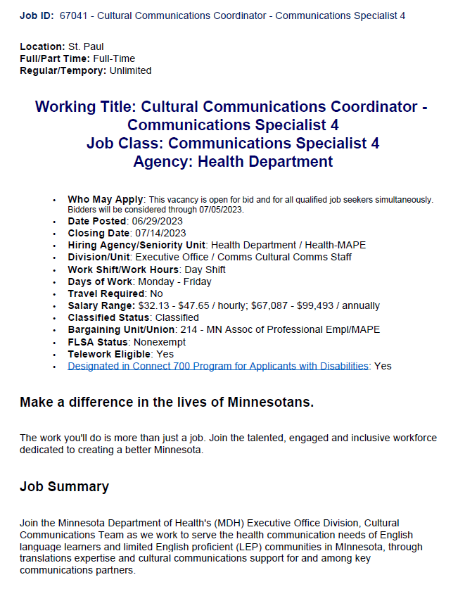 dtphanhoang's tweet photo. Join our team at @mnhealth!  Cultural Communications Coordinator position is posted until Wednesday, July 12. Job ID is 67041 &amp; you can apply at https://t.co/y7gAR7kh1t. Additional information about our team can be found at https://t.co/FtAMjfZ1GJ #HealthEquity #ThursdayThoughts https://t.co/p6FA5pAuFI