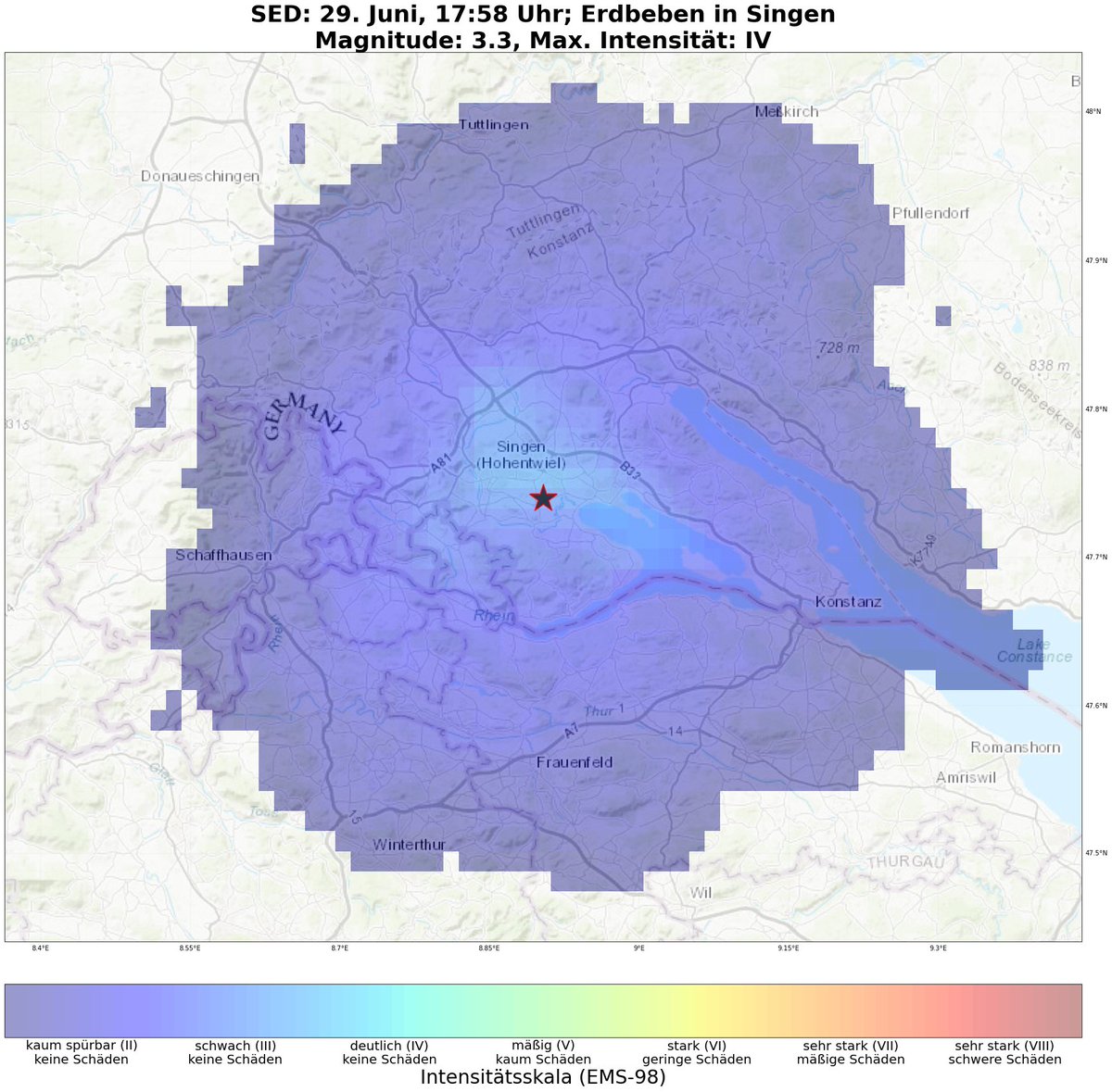 Ein weiteres #Erdbeben mit Magnitude 3.3 folgte. Dieses war das stärkste Erdbeben der aktuellen Sequenz in Singen und in der Umgebung deutlich zu spüren.