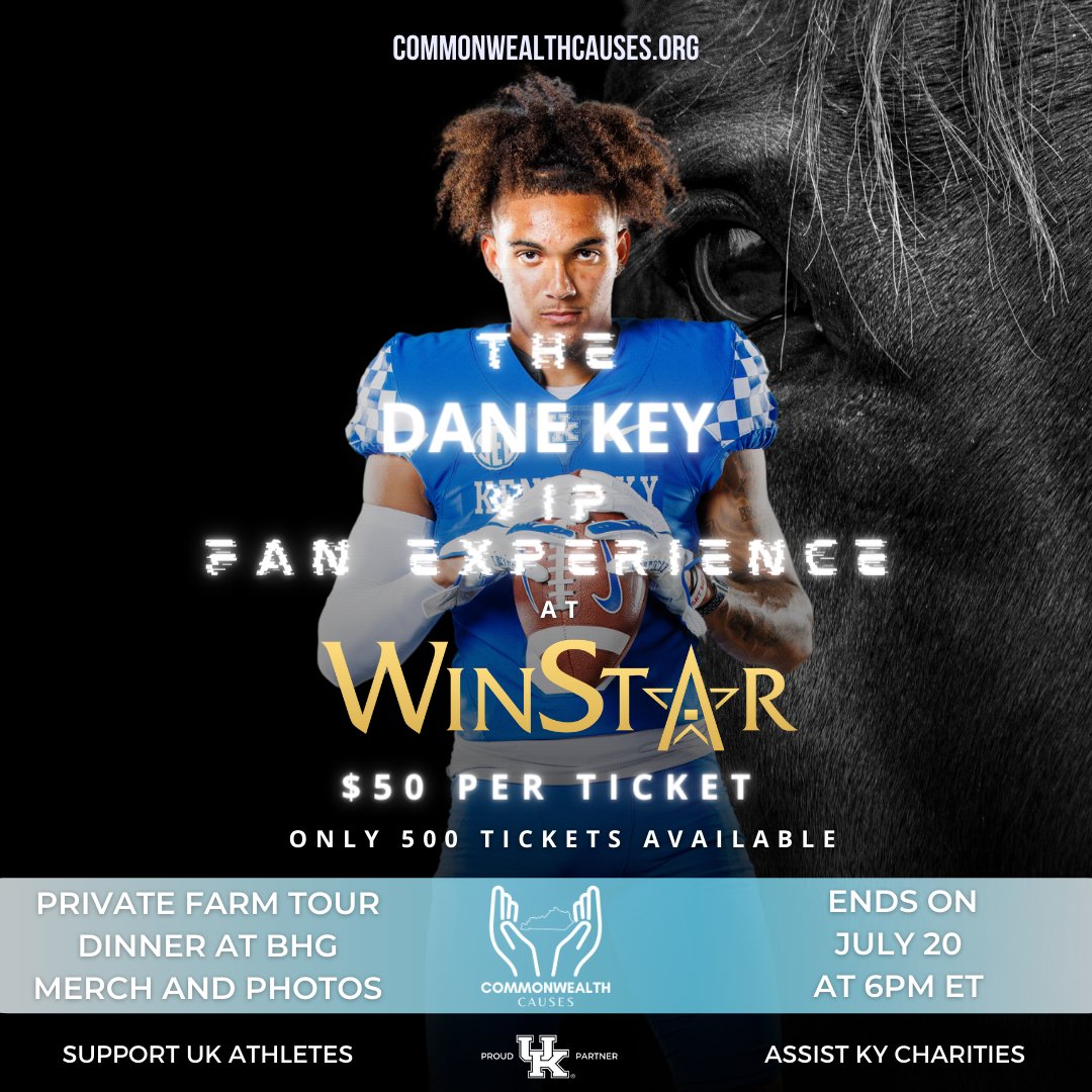 Commonwealth Causes (@kycauses) on Twitter photo The Dane Key VIP Fan Experience at <a href="/WinStarFarm/">WinStar Farm</a> is LIVE! 🔵⚪️🏈 You and 3 friends will join <a href="/DaneKey6/">Dane Key</a> and the CEO of WinStar for a private tour of the farm. Your group will also receive a merch package, including items signed by Dane. Top it off with dinner at the <a href="/bhgrestaurants/">BHG Restaurants</a> The Dane Key VIP Fan Experience at <a href="/WinStarFarm/">WinStar Farm</a> is LIVE! 🔵⚪️🏈 You and 3 friends will join <a href="/DaneKey6/">Dane Key</a> and the CEO of WinStar for a private tour of the farm. Your group will also receive a merch package, including items signed by Dane. Top it off with dinner at the <a href="/bhgrestaurants/">BHG Restaurants</a>