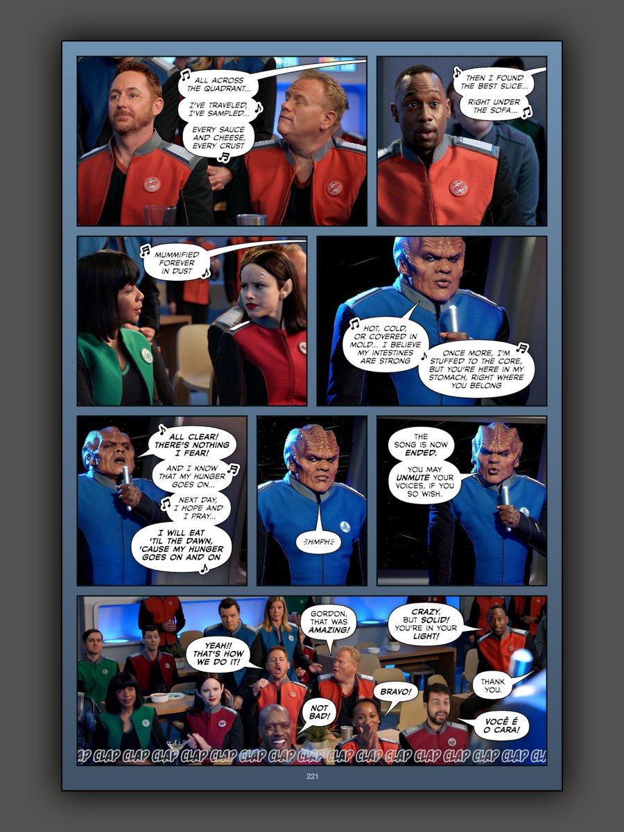 Page 221 of #TheOrvilleInked. Bortus finishes his rendition of Céline Dion's 'My Heart Will Go On' to rousing applause.

Read more:  fibblesnork.com/TheOrville/Ink…

#TheOrville @ScottGrimes @LarryJoeCampbel @JLeeFilm @PennyJohnsonJerald @HalstonSage  #PeterMacon @PedroStarfleet