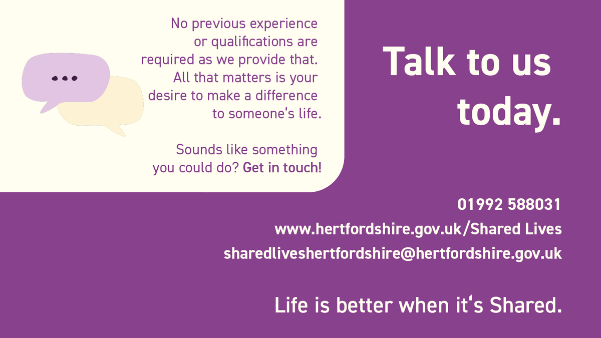We need more Shared Lives Carers, and are recruiting carers all over Hertfordshire! 👍

💜 Earn an income and tax-free allowance
💜 Work from home and decide the level of commitment you want to give
💜 No previous experience/qualifications required. 

hertfordshire.gov.uk/sharedlives