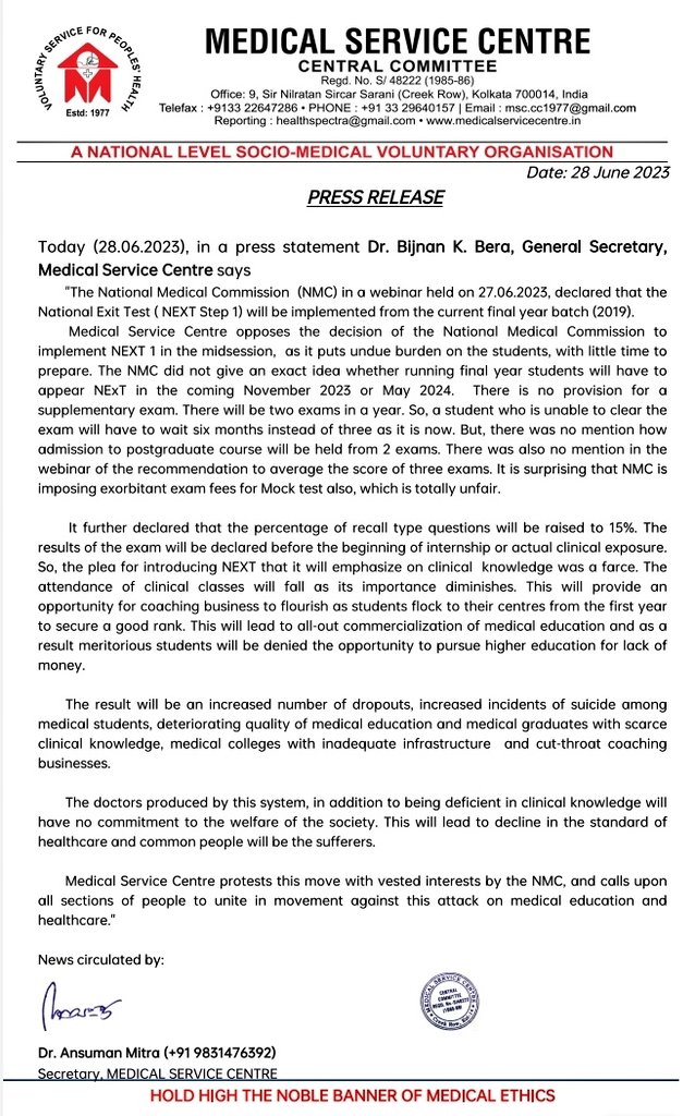 Medical Service Centre (MSC)  opposing NEXT Exam 

#NoNEXT 
#saveMedicalEducation
#NEXT #NMC #MedTwitter #MSC #NEET #NEXTEXAM

<a href="/narendramodi/">Narendra Modi</a> 
<a href="/PMOIndia/">PMO India</a> <a href="/PTI_News/">Press Trust of India</a> <a href="/ANI/">ANI</a> 
<a href="/MoHFW_INDIA/">Ministry of Health</a> <a href="/NAF_NMC/">NATIONAL ACTION FORUM against NMC (NAF-NMC)</a>