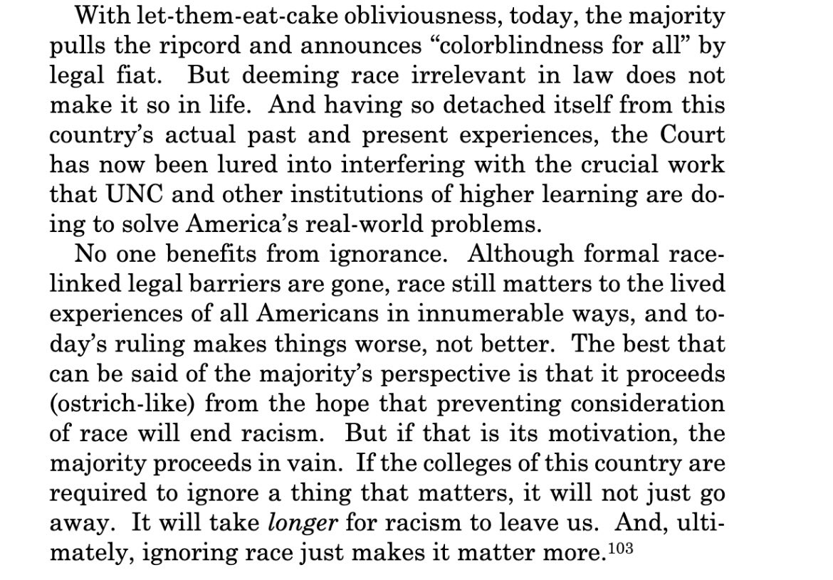 "Deeming race irrelevant in law does not make it so in life."

Another disappointing and infuriating decision by SCOTUS. #affirmativeaction