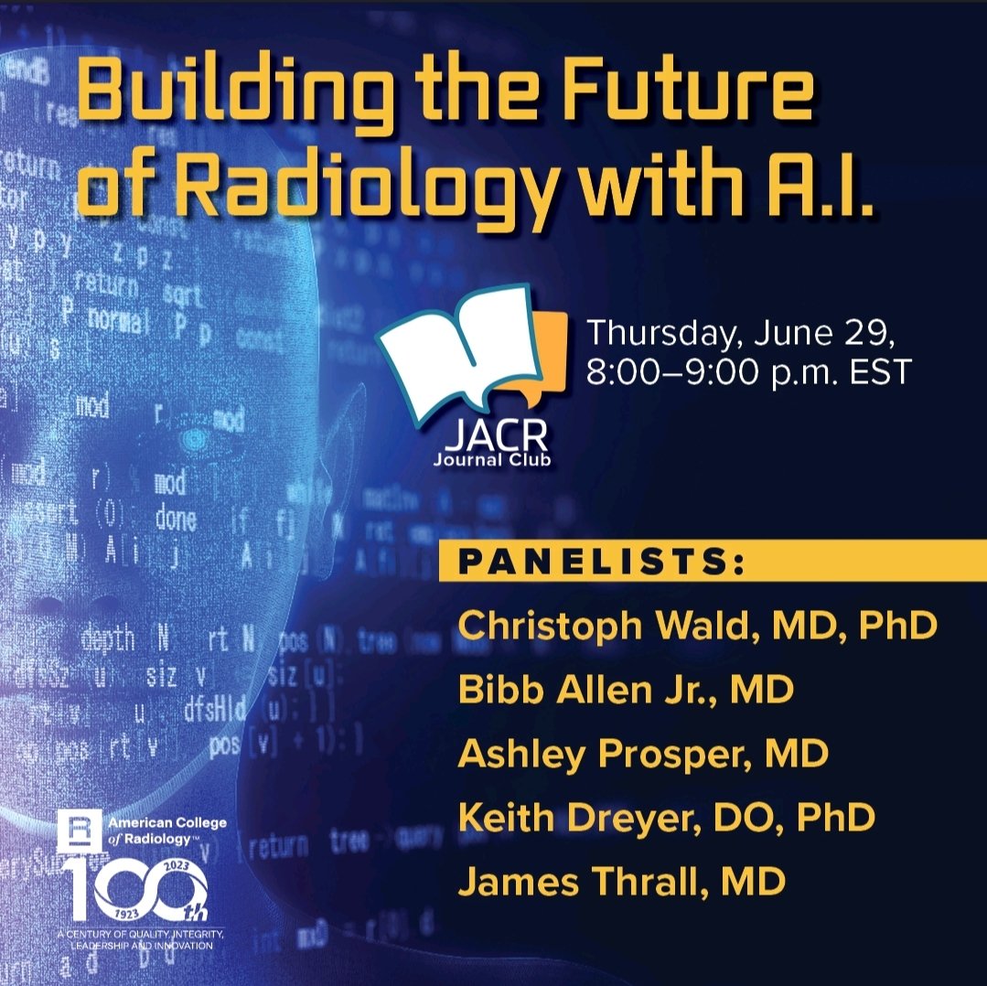 Today's the day! 🤩💻🎬Tune in here on Twitter (or our YouTube Channel, linked in comments) for tonight's Journal Club, "Building the Future of Radiology with A.I." The discussion will begin at 8 p.m. EST. 

Have a question you'd like answered or discussed? Drop it below. ⤵️