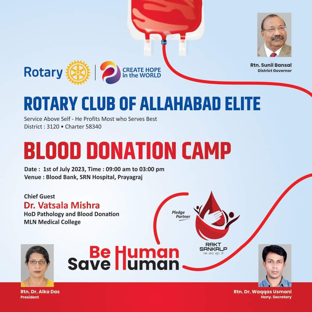 RaktSankalp's tweet photo. Join us in saving lives on 1st Jul'23 at #blooddonationcamp going to be organized at SRN hospital, #Prayagraj by Rotary club of Allahabad Elite, with @RaktSankalp as the #pledgepartner
#raktsankalp #raktsoldiers #mission2025 #raktnirbharbharat #harghardonor #donatebloodsavelives https://t.co/z6TQra05Qe