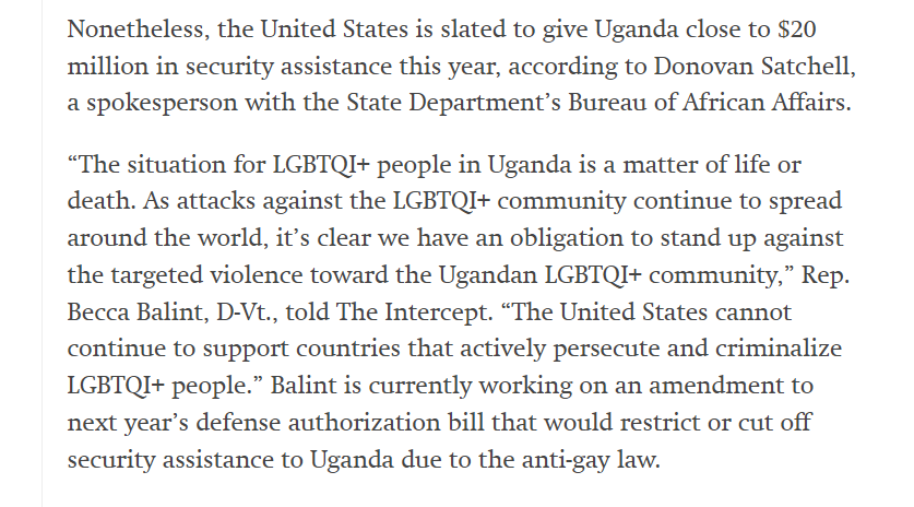 justfp's tweet photo. NEW piece on Uganda
by @NickTurse
feat. @ErikSperling of @JustFP 

@RepMcGovern supports "suspending military and security assistance until this law is repealed and the rights of innocent LGTBQI+ Ugandans are restored.”

@RepBeccaB "is currently working on an amendment to next year’s defense authorization bill that would restrict or cut off security assistance to Uganda."