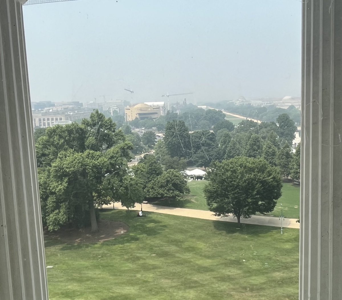 Washington’s wildfire haze. The Washington Monument can normally be clearly seen from the U.S Capitol. But today, only part of it is barely visible to the right of the Smithsonian Castle. At one point today, D.C. had the worst air quality in the world, due to Canadian wildfires.