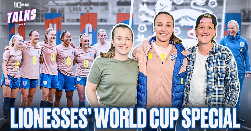 SI_FootballClub's tweet photo. Lionesses’ World Cup Special! 🏴󠁧󠁢󠁥󠁮󠁧󠁿🏆

@GirlsontheBall spoke exclusively to @niamhcharles7, Laura Coombs and Katie Robinson for this episode of 90𝒎𝒊𝒏 𝑻𝒂𝒍𝒌𝒔 at St George’s Park..

@Morgie_89 joined to speak about who makes the team and who wins the tournament! 🤔