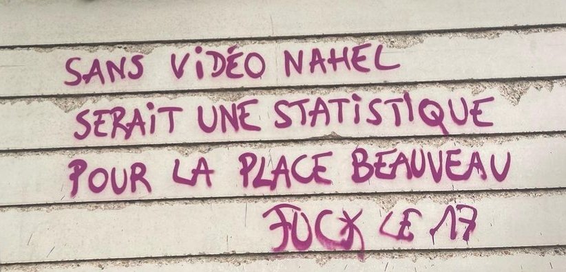 LuneRiboni's tweet photo. Nanterre 2023. Ce graffiti rappelle, à nouveau, à quel point l'image vidéo est aussi impuissante qu'essentielle. https://t.co/TqaOd3j5ca