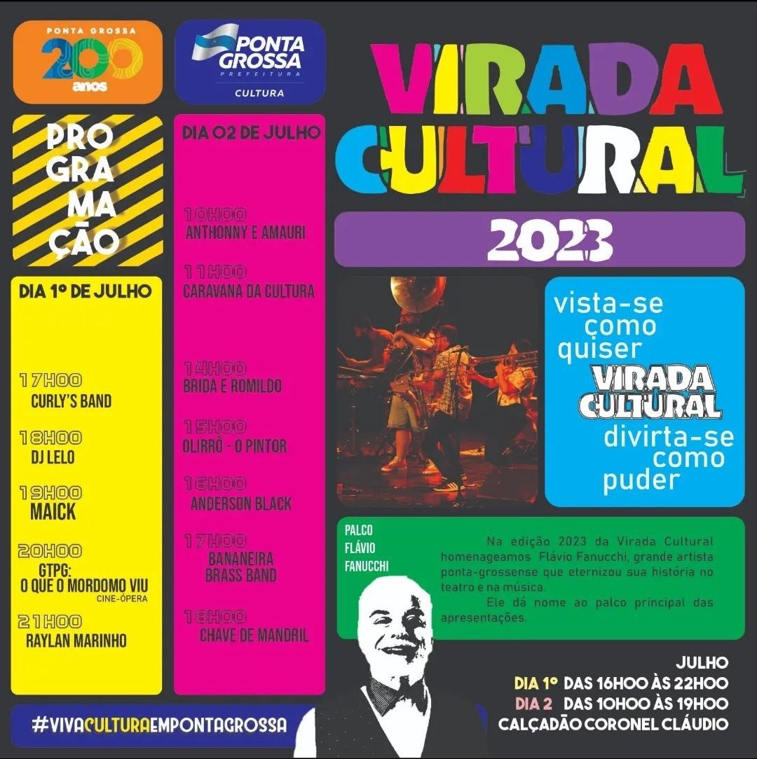 cultura__pg's tweet photo. Nos dias 1 e 2 de julho, a cidade se prepara para receber mais uma edição da Virada Cultural! Neste ano, a Virada acontece no Calçadão da Coronel Cláudio. São diversas atividades. Se programe e confira a programação completa!
#vivaculturaempontagrossa #pg200 https://t.co/JOii1Npmvy