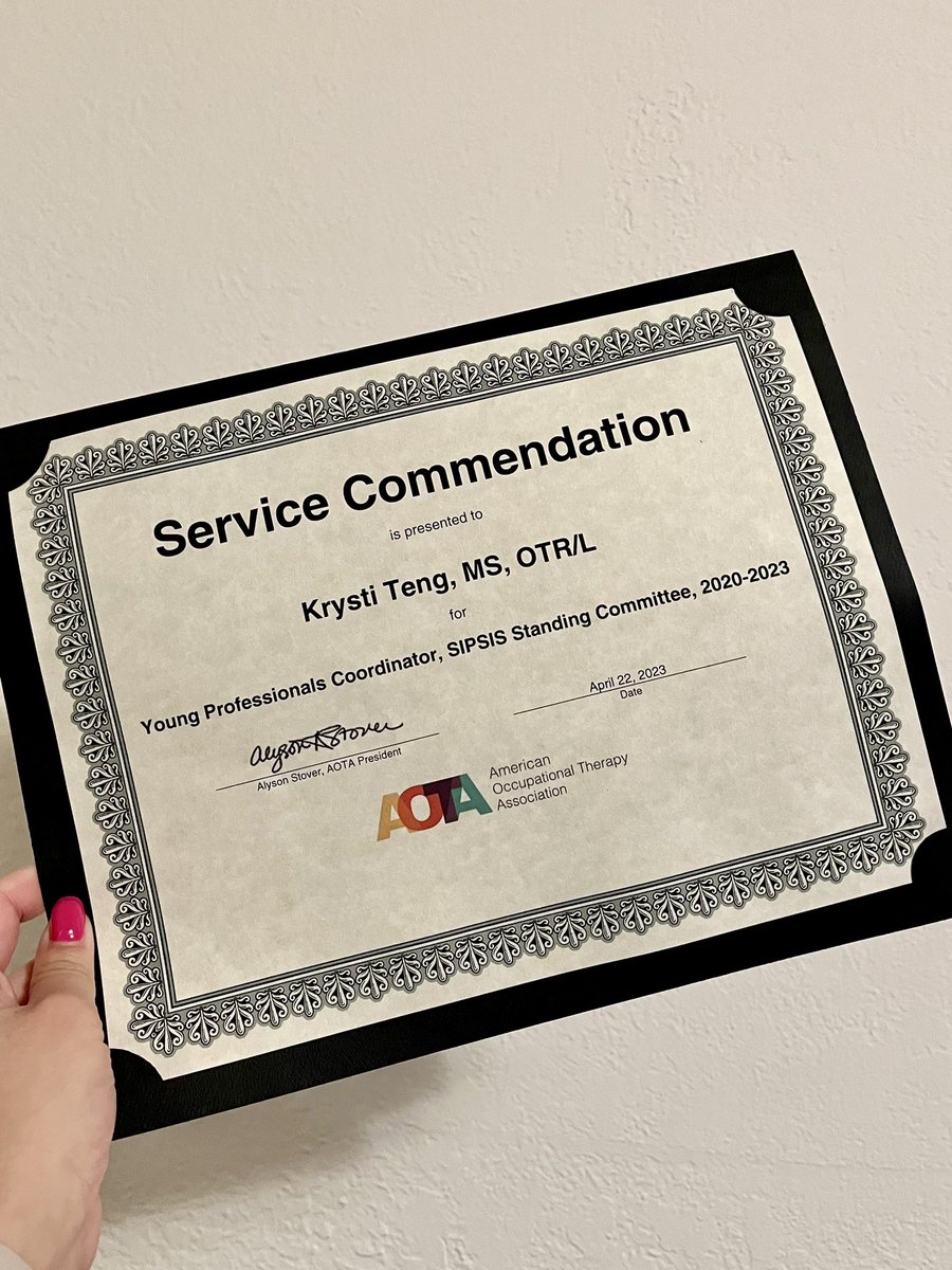 otkrysti's tweet photo. The past 3 years wrapped up in 1 certificate! It’s been an honor serving on the @AOTAInc Sensory Integration and Processing Special Interest Section team as the Young Professionals Coordinator!
Onto another appointed position!😊
#aota #otpractice #sensory #volunteer #leadership https://t.co/ppzvkeRYh3