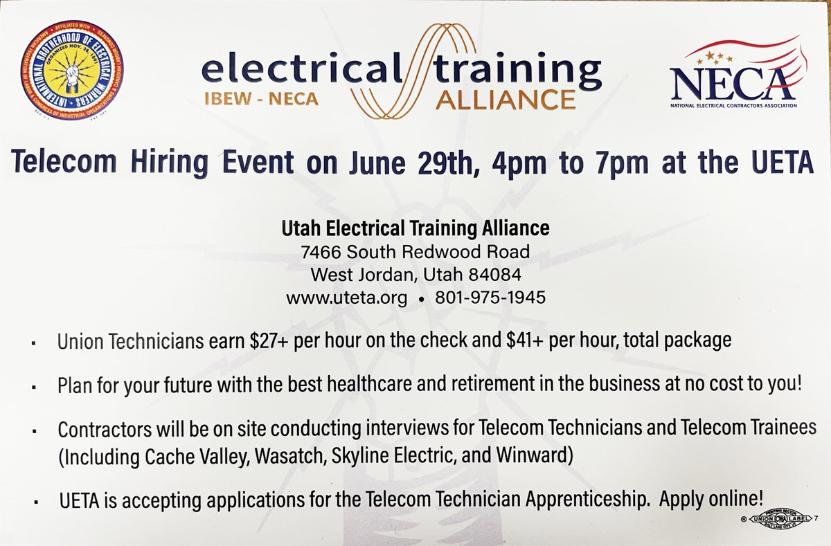 WeAreCVE's tweet photo. Interested in a career in telecom? CVE will be conducting interviews from 4-7pm today at the Utah Electrical Training Alliance center. Stop by 7466 S. Redwood Rd., West Jordan, UT, and learn more about working as a Telecom Technician! #ibew #lowvoltage  #jobsinUtah #telecom https://t.co/DackZSLijZ