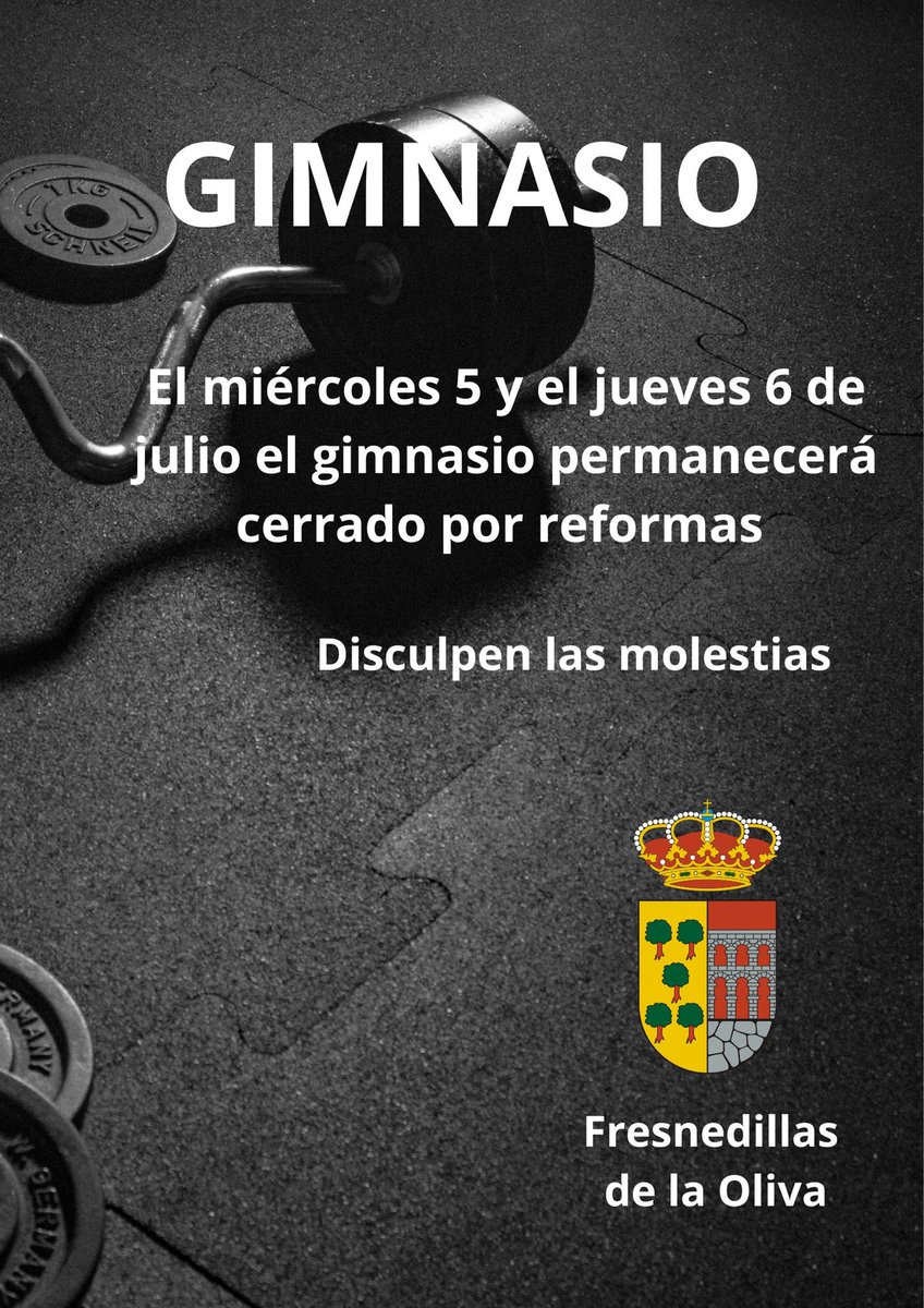 Debido a la necesidad de realizar trabajos de mantenimiento, el gimnasio permanecerá cerrado los próximos días 5 y 6 de julio. Pedimos perdón por las molestias ocasionadas.

fresnedillasdelaoliva.es/2023/06/29/cie…