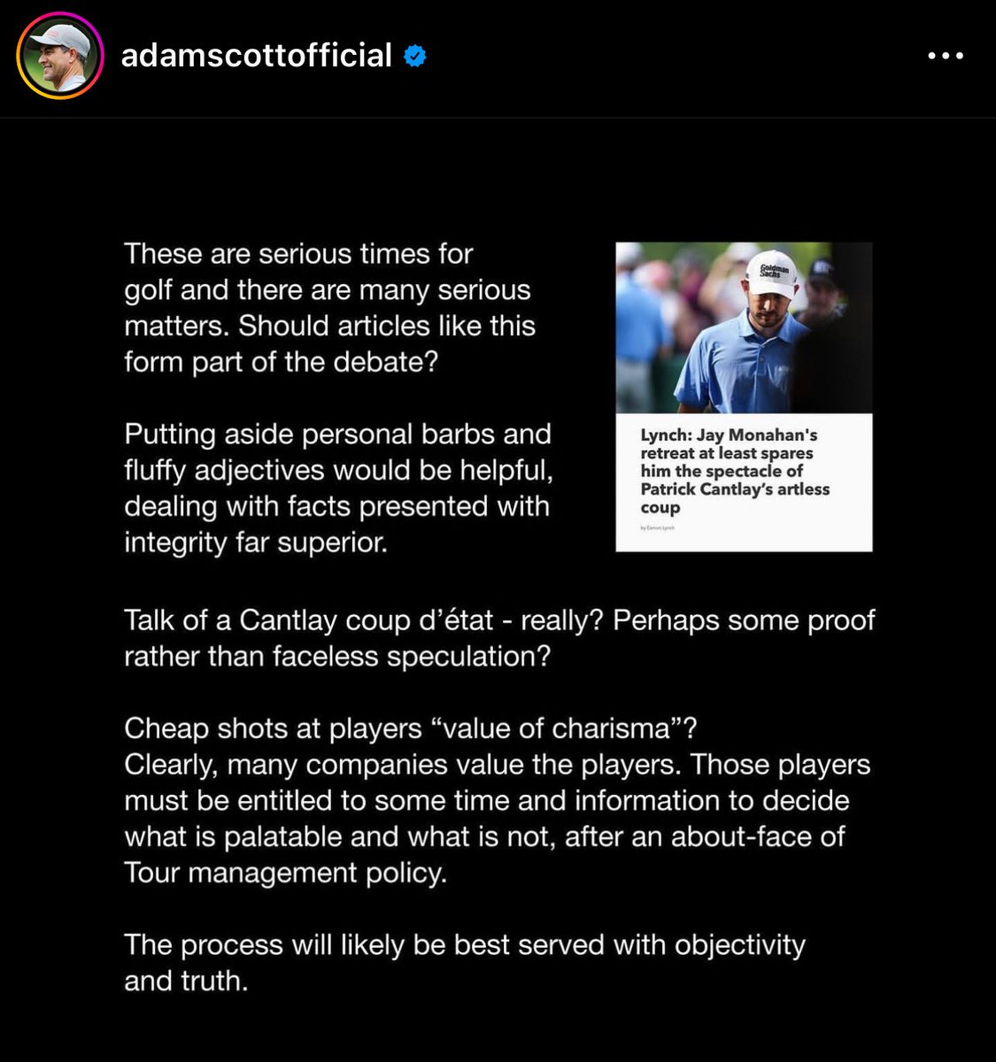 🚨DEVELOPING — PGA TOUR loyalist Adam Scott UNLOADS on Golfweek’s Eamon Lynch through an Instagram post, calling out his recent article suggesting Patrick Cantlay could be staging a coup against TOUR management. Scott says these are “serious times.” Wow 👀 (📸: Adam Scott / IG)