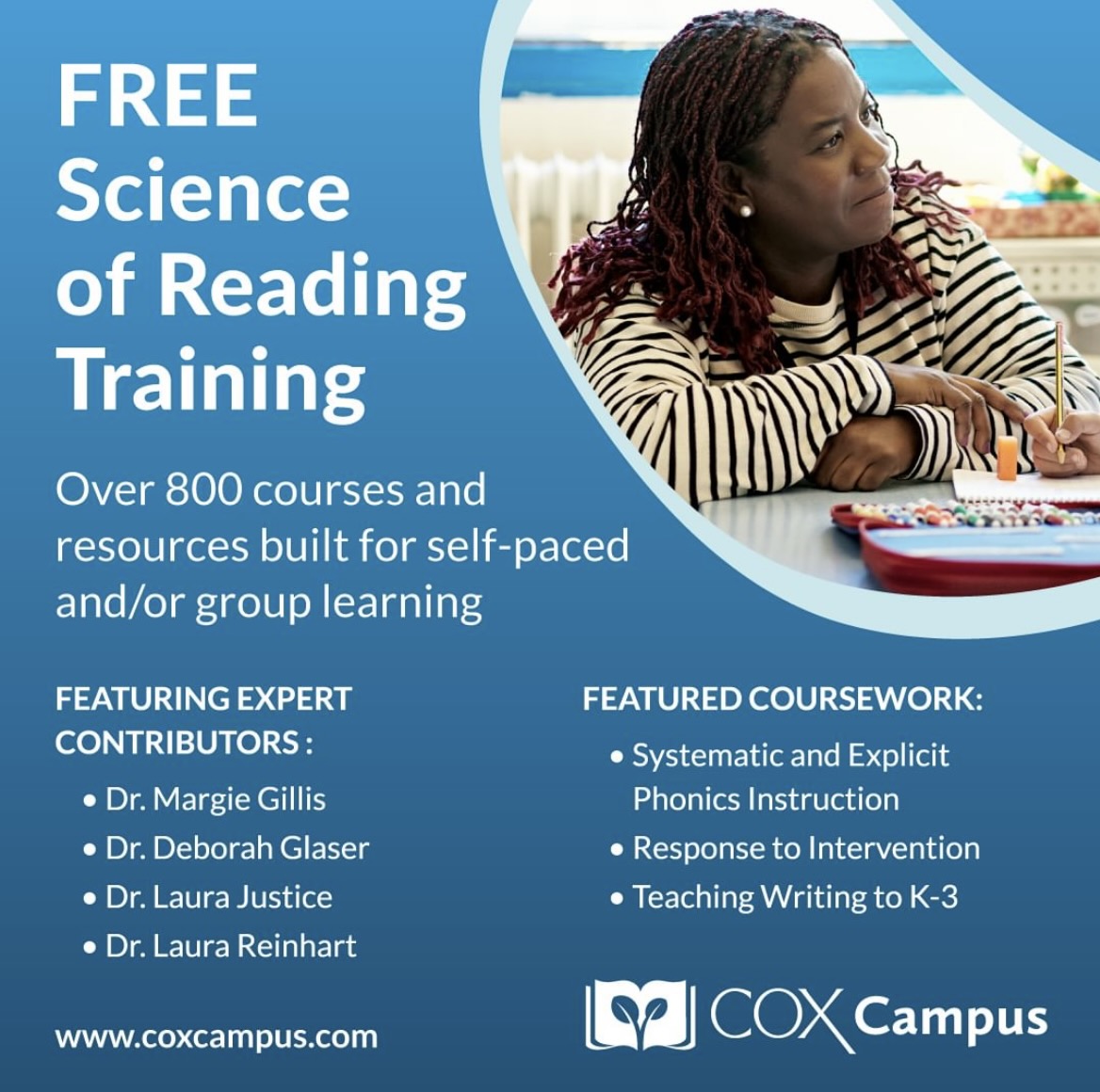 Tap into our FREE #scienceofreading courses today! Each course is accredited &amp; self-paced, start today: learn.coxcampus.org/tracks/k-3/. #teacherpd #structuredliteracy