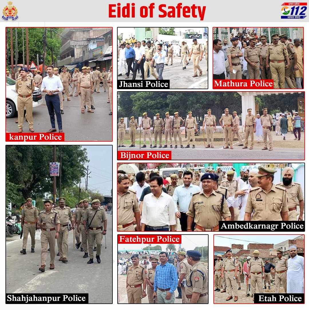 Uppolice's tweet photo. Eternal vigilance for peaceful festivities: On the directions of Hon'ble CM UP, #TeamUPPolice worked hard to ensure a harmonious #Bakrid2023. We salute every member of the team for their tireless dedication and resolve in preserving tranquility and security throughout the state.