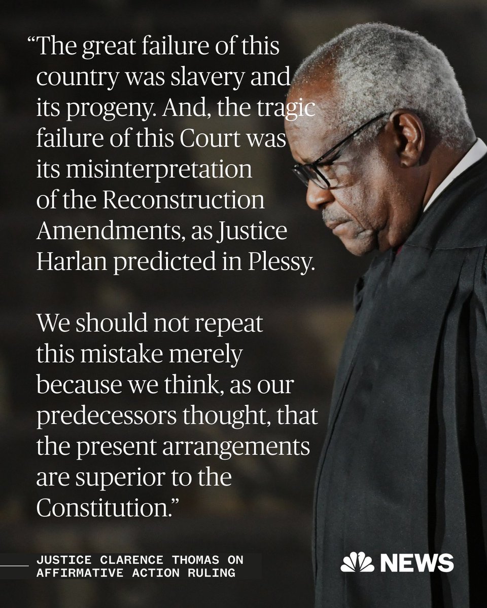 Justice Clarence Thomas was admitted to Yale Law School in the 1970s under an affirmative action program, and later became an ardent opponent of it. In his 58-page concurring opinion, he compared affirmative action to slavery and segregation. nbcnews.to/3CPfsrI