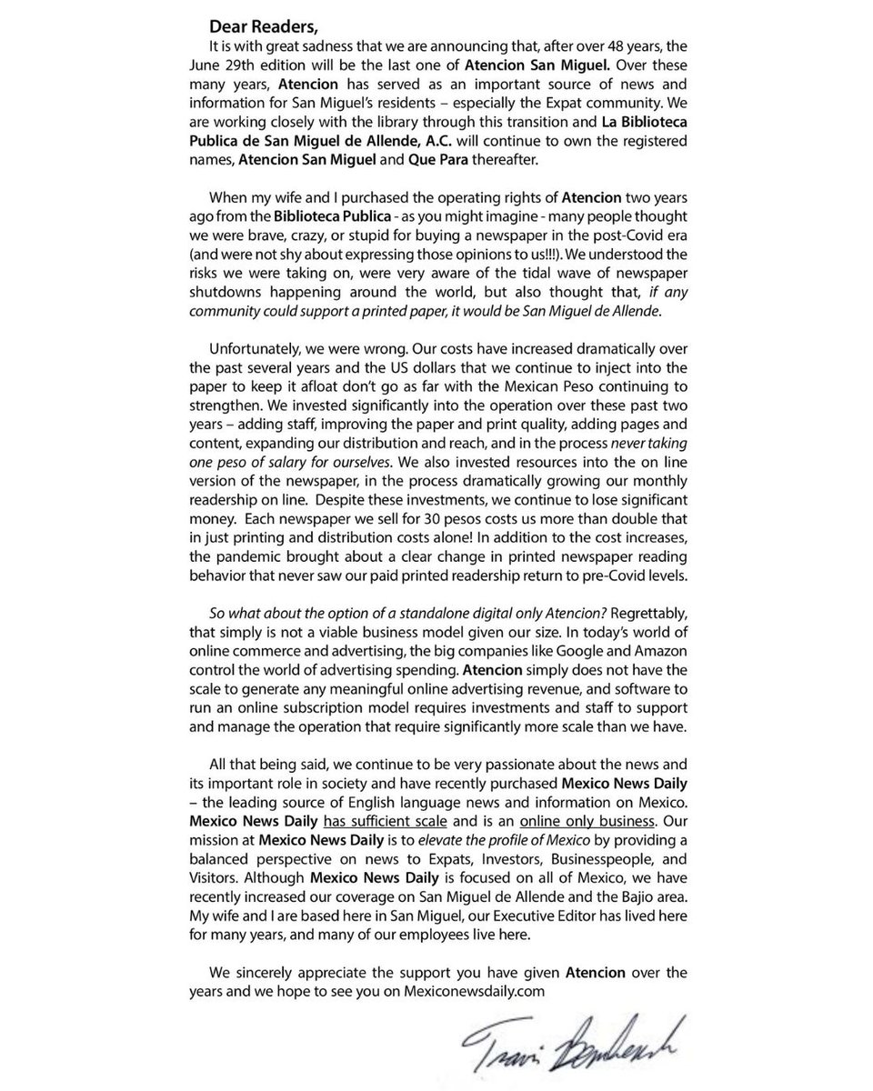 Estimados lectores,
Es con gran tristeza que anunciamos que, después de más de 48 años, la edición del 29 de junio será la última de Atención San Miguel.