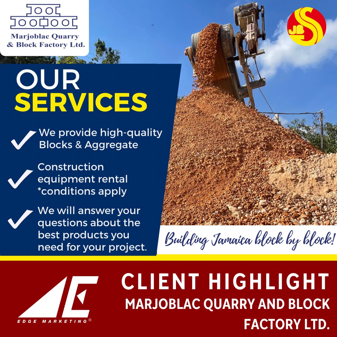 edgemarketingja's tweet photo. #CLIENTHIGHLIGHT Marjoblac Quarry and Block Factory is the premier seller of building materials located in Chudleigh, Christiana Manchester. They have been in operation for 30 years and offer products such as Grit, Stone Dust Grade A Concrete Blocks, Building Marl, and More! 🪨🚚 https://t.co/kqsXslh5Ck