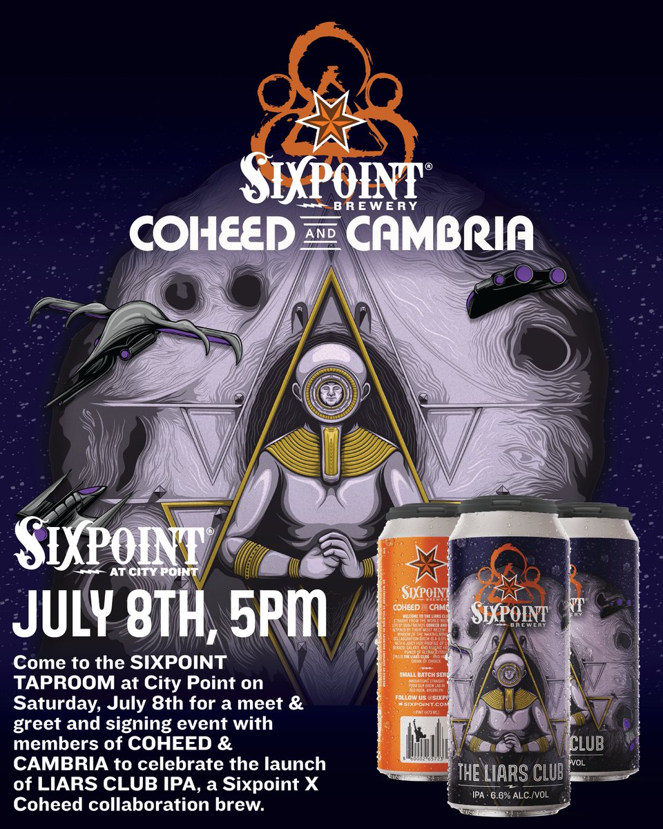 sixpoint's tweet image. THIS JULY 8TH, our new collab brew with @coheed drops... and we're hosting a MEET AND GREET with members of the band at the taproom from 5pm to 7pm. This is a first-come, first-served event, so you'll want to get here early to try this BREW and meet the BAND.