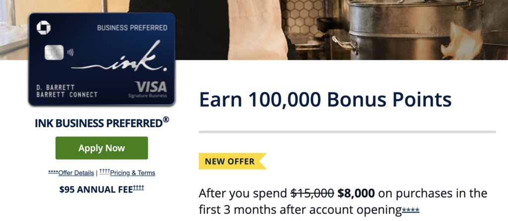 Chase Ink Preferred 100,000 Points Offer With Lower $8,000 Spend Requirement dlvr.it/SrR5wH