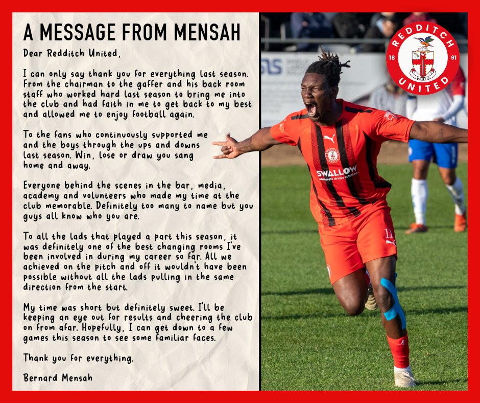 RedditchUtd's tweet image. 𝗔 𝗠𝗲𝘀𝘀𝗮𝗴𝗲 𝗳𝗿𝗼𝗺 𝗠𝗲𝗻𝘀𝗮𝗵 🫶

Thank you @Mensah_23, all the very best!