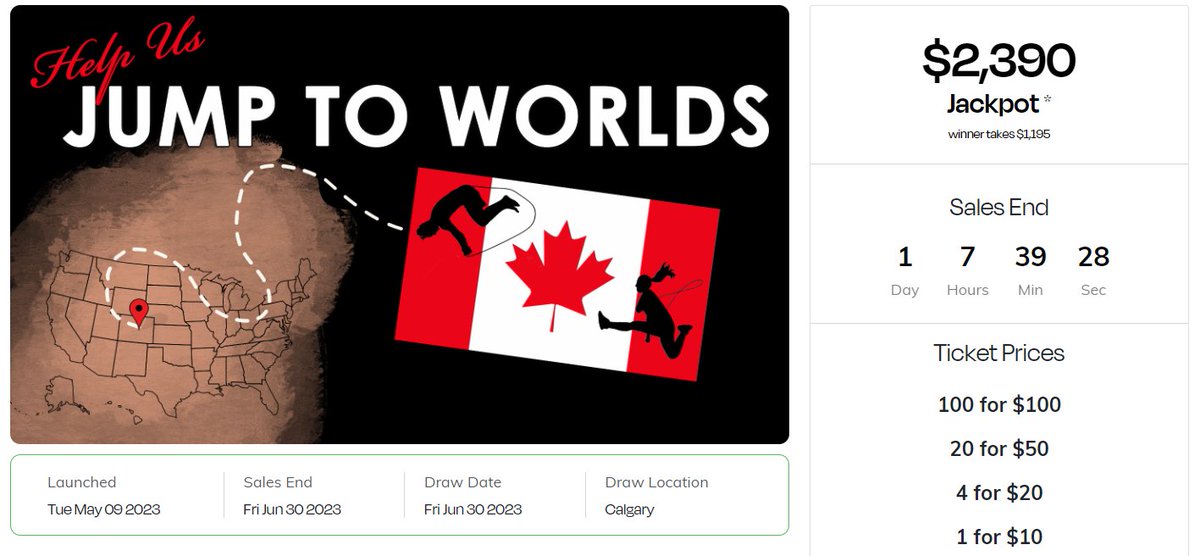 SkipSquadClub's tweet photo. Help our Alberta athletes JUMP to WORLDS with our 50/50 raffle!  JACKPOT is at $2390!!!!!

We're raising money to send our talented jump rope athletes to the 2023 IJRU Worlds Championship in Colorado Springs in 17 days. https://t.co/dxLUGO8IIn https://t.co/XcHLDfGHby