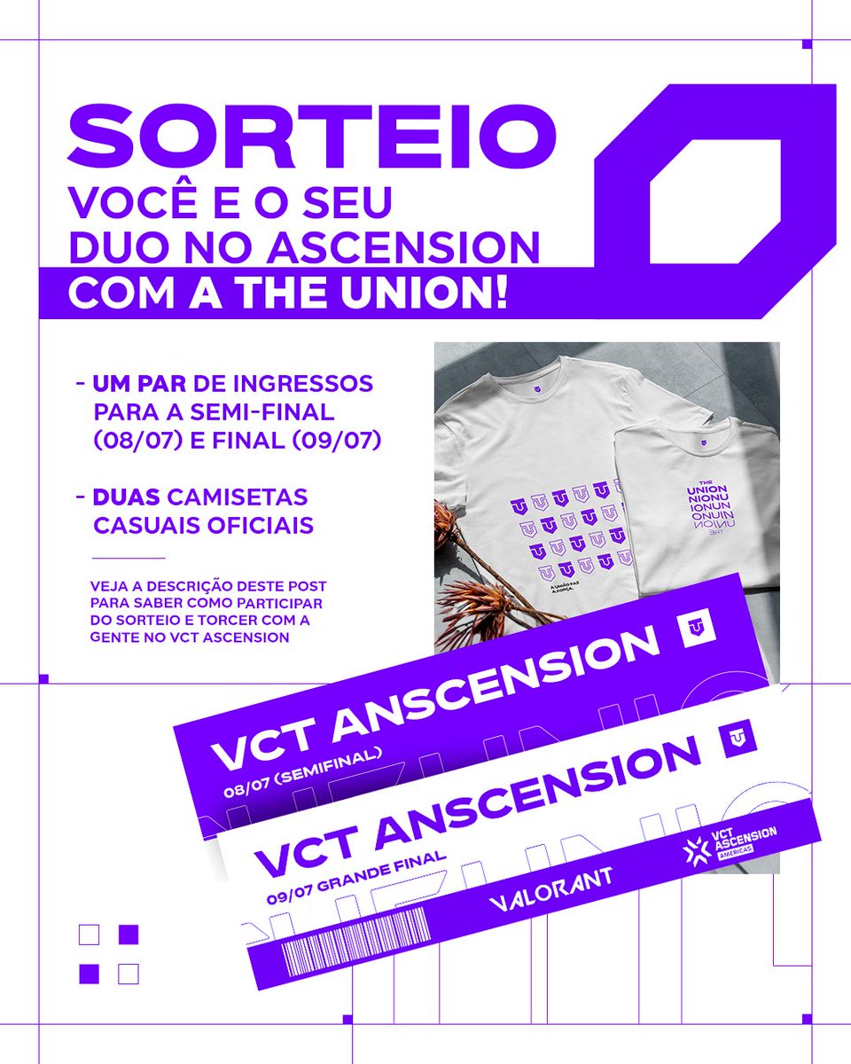 unionlagg's tweet photo. 🟣 SORTEIO: VOCÊ E SEU DUO NO ASCENSION 🟣

Ingressos esgotados? NÃO POR AQUI! 

A The Union vai sortear um par de ingresso e duas camisetas casuais pra você e seu duo acompanharem a semifinal e a final do #VCTAscension com a gente no Pavilhão do Pacaembu.

Para participar é só cumprir os requisitos abaixo:

- Seguir o nosso perfil
- Curtir e dar RT na imagem
- Responder o tweet com #GoTheUnion e #UnionNoVCTAscension (quanto mais comentar, maiores são as chances de ganhar!)

🚨OBS: Transporte e alimentação não inclusos!