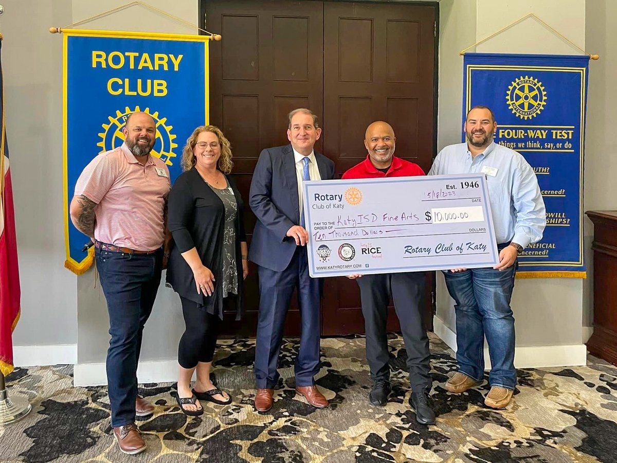 katyisd's tweet photo. A special thank you to the Rotary Club of Katy for donating $10,000 to the @KatyISDFineArts Department! Much of the District’s success is due to the support and investment from our community, we thank you. #CommunityofExcellence https://t.co/GfIMLl3ErD