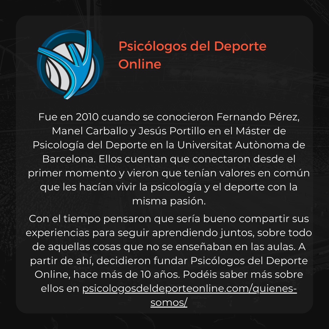 El próximo lunes 3 julio tendremos la suerte de conocer d primera mano la experiencia d los compañeros de Psicólogos del Deporte Online <a href="/PsicoDepOnline/">PsicoDeporteOnline</a>

"Psicología del deporte online: Modelo de negocio"

🗓️Lunes 3/7
🕔16:00 (ESP)

Para disfrutar la sesión psicosdeldeporte.com