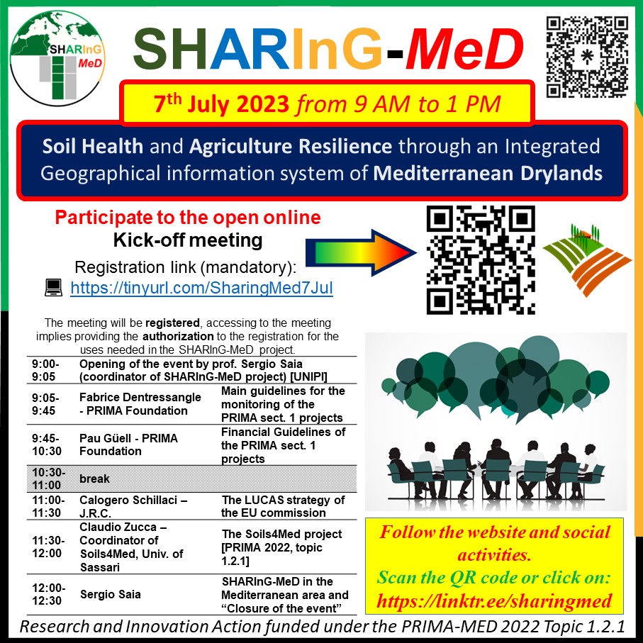 Interested in #Soil #Health and #Agriculture #Resilience in the #Mediterranean Area? 📅 7th of July 2023 ⏰ 9 AM to 1 PM (C.E.T) Consider to participate to the 📲💻open online Kick-off #meeting of the #SHARInGMeD project.. Registration link: 📲💻 tinyurl.com/SharingMed7Jul