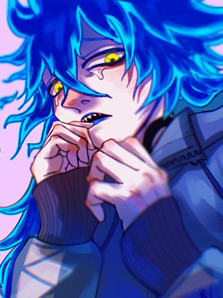 yellow eyes male focus 1boy blue hair sharp teeth teeth solo  illustration images