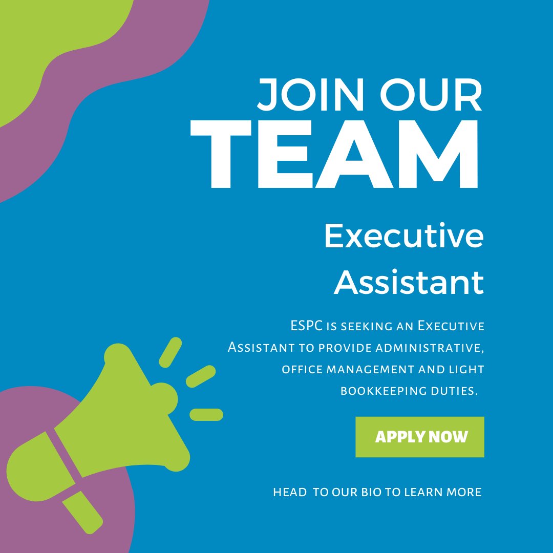 We're hiring! ESPC is seeking an Executive Assistant. Main job duties will involve providing administrative, office management and light bookkeeping duties. The successful candidate will report to the Executive Director. Learn more: bit.ly/3PxJTu3