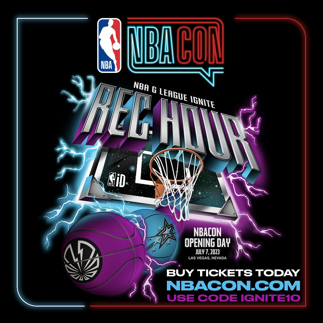 Get your first glimpse at <a href="/gleagueignite/">NBA G League Ignite</a>'s top 2024 NBA Draft prospects at NBA G League Ignite Rec Hour during <a href="/nbaconofficial/">NBACon</a>. Get your tickets today using code IGNITE10 at nbacon.com. Don't miss Ron Holland, Matas Buzelis, and Ignite's prospects take on <a href="/sss_cebl/">scarborough shooting stars</a>