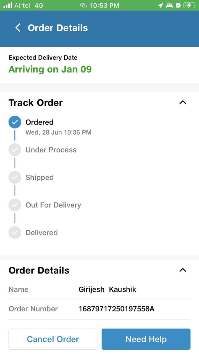 gkaushik's tweet photo. @JioMart @JioMart_Support are you kidding !! Order of june28 is expected to be delivered on jan 9😱 you need 6 months for delivery?? https://t.co/SnYgzKxs0y