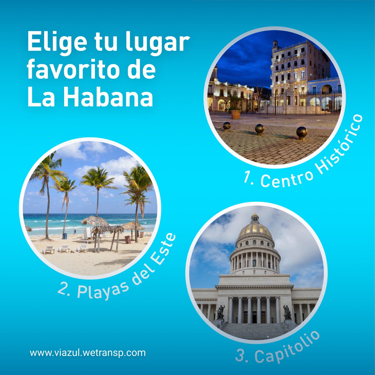 ViazulCuba's tweet photo. #ViazulCuba Si vienes con #Viazul a #LaHabana y tuvieras que elegir uno de estos sitios emblemáticos, ¿cuál sería?
1️⃣ Centro Histórico
2️⃣ Playas del Este
3️⃣ Capitolio
Playa, ciudad o historia. ¿Qué prefieres?
https://t.co/BAvrvyNFbG https://t.co/btE4JfW44g