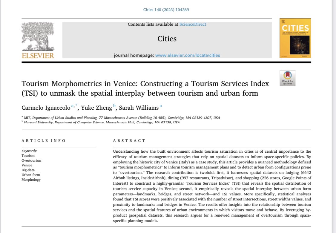 carmignacc's tweet photo. [1/4] 📢 Our latest research paper is out on #Cities #Elsevier ! 🎉 “Tourism #Morphometrics in #Venice: Constructing a Tourism Services #Index to unmask the spatial interplay between tourism and #urban #form” with @YukeGnehz, and @datasew. 📚 Link below: https://t.co/A08TlHfUCm https://t.co/zAvywioOg4