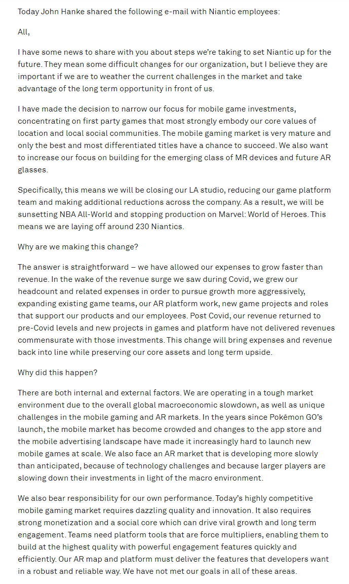 Wario64's tweet image. Niantic is shutting down NBA All-World and stopping production on Marvel: World of Heroes. 230 employees are being laid off with closure of its LA studio
 nianticlabs.com/news/organizat…