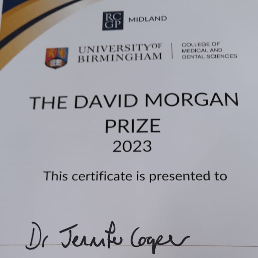 🏆Congratulations to the fantastic @cooperj181 for winning the David Morgan Prize at today’s @MidRCGP conference for her work on #multimorbidity #multiplelongtermconditions #MLTC #primarycare @UoB_IAHR @unibirm_MDS