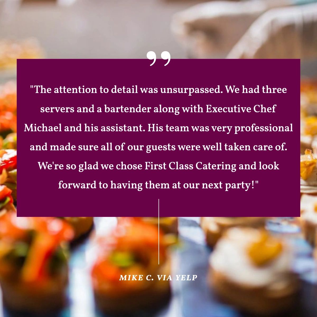 1stclasscater's tweet photo. No matter what event you hire us for, we promise you'll want to work with us again in the future! Let us show you why so many of our clients keep coming back for more. #CateringService #EventPlanner #CorporateEvents #FirstClassCatering #catering https://t.co/2xakSL399z