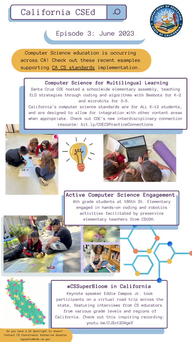 Check out what is happening with CS in California! Keep up to date with this and more updates by joining the CDE CS listserve: send a blank email with subject line 'subscribe' to: subscribe-computer-science-all@mlist.cde.ca.gov @csforca #csforca #csed #compscied