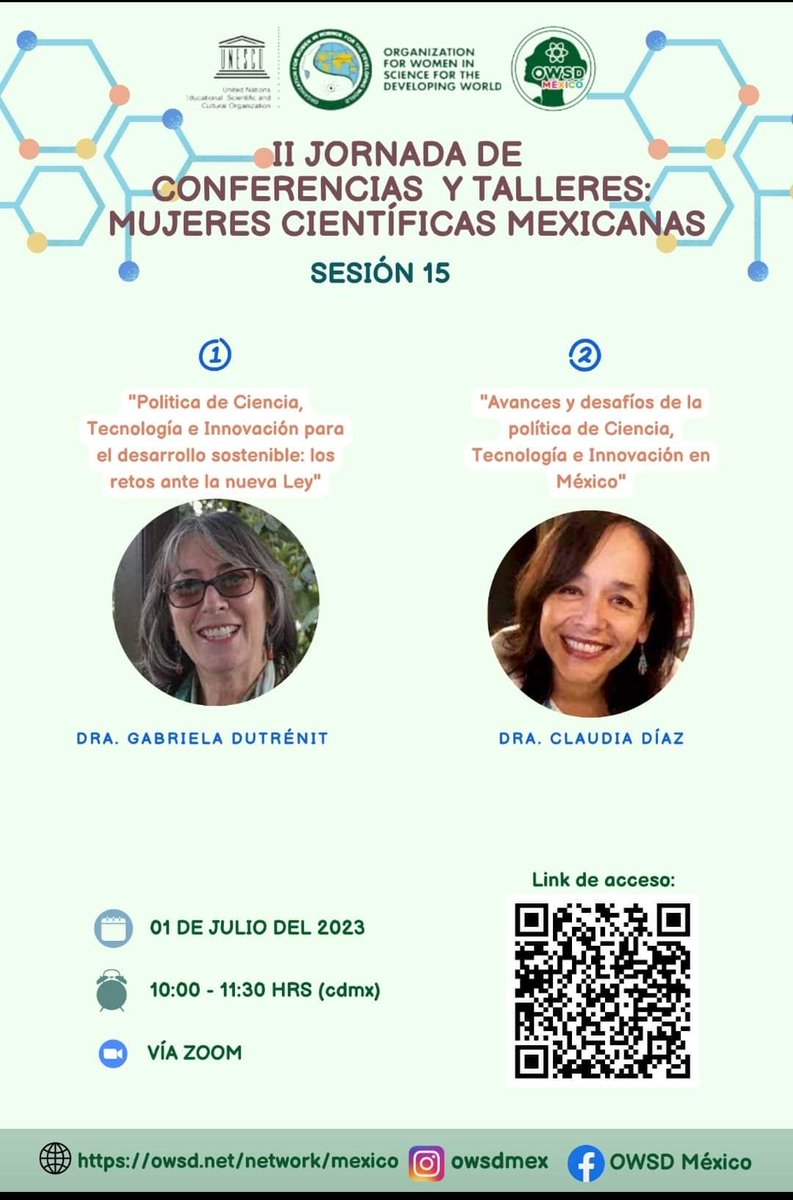 𝐎𝐖𝐒𝐃 𝐌𝐞́𝐱𝐢𝐜𝐨 te invita a la II Jornada de Conferencias y Talleres: mujeres científicas mexicanas.  
📅Sábado 1 de julio
⏱️ 10:00-11:30 hrs 
📹𝐈𝐃 𝐝𝐞 𝐫𝐞𝐮𝐧𝐢𝐨́𝐧: 𝟖𝟐𝟕 𝟖𝟎𝟏𝟒 𝟖𝟏𝟏𝟖
𝐂𝐨́𝐝𝐢𝐠𝐨 𝐝𝐞 𝐚𝐜𝐜𝐞𝐬𝐨: 𝟖𝟏𝟐𝟔𝟒𝟓
📹facebook.com/owsdmex?mibext…