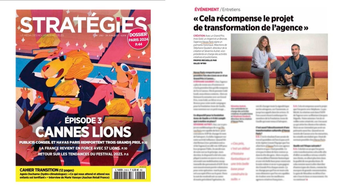 En couv’ du tout dernier numéro de <a href="/Strategies/">Strategies</a> spécial Cannes Lions !✌️

Avec une interview exclusive de nos deux fers de lance créatifs <a href="/stefgaubert1/">Stephane Gaubert</a> et <a href="/severine_autret/">Séverine Autret</a> ! 😎

Retour sur notre fabuleuse aventure cannoise, fruit du projet de transformation de l'agence.
